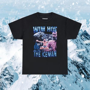May include: Black t-shirt with a graphic of Wim Hof, "The Iceman", in a blue and white color scheme. The text "Wim Hof" and "The Iceman" are in a blue, bold font.