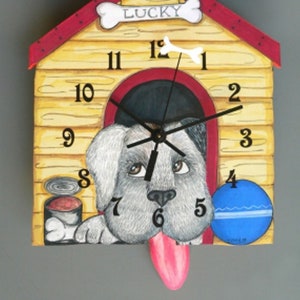 Whimsical  Dog House wall clock Dog pendulum Clock features a small bone on the second hand and a wagging tongue pendulum