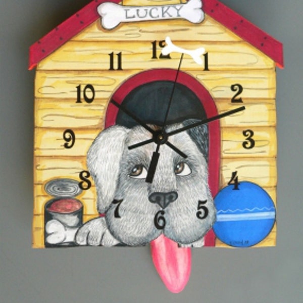 Whimsical  Dog House wall clock Dog pendulum Clock features a small bone on the second hand and a wagging tongue pendulum