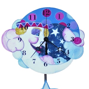 Happy Moon fairy tale wall clock for kids-say Goodnight Moon to this Laughing Man in the moon with star pendulum clock