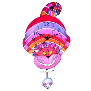 Grinning Cheshire Cat & Mouse clock Multi colors with a big crazy cat  grin