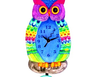 Blue Rainbow Owl Pendulum Clock – unique Modern Woodland and Nursery Decor