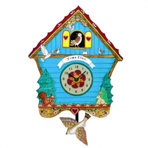 Time Flies whimiscal cuckoo style woodland clock with flying bird pendulum and woodland squirrel and rabbit