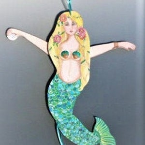 Blond Mermaid beach house tropical wall decor jumping Jack pull string puppet