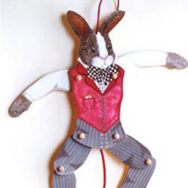 Grey & White Dutch Rabbit jumping Jack -pull toy in Victorian style  vest and bow tie