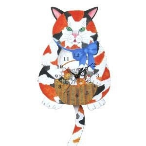 May include: A colorful, hand-painted cat clock with a swinging tail. The cat is orange, white, and black with a blue bow. The clock face is surrounded by a basket of flowers and kittens.