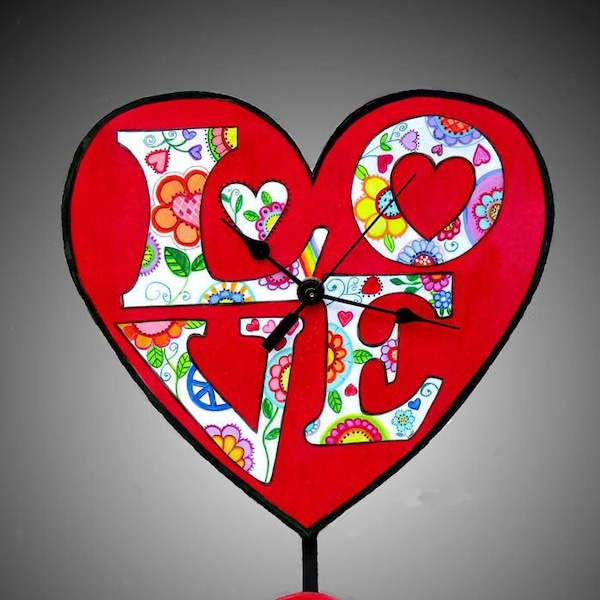 Valentine Heart Clock with flowers, doves and rainbows, funky 60's and 70's  retro style Flower Power  Pendlum wall Clock