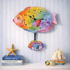 Tropical Rainbow Fish Pendulum Clock: Handmade Nautical Nursery Decor