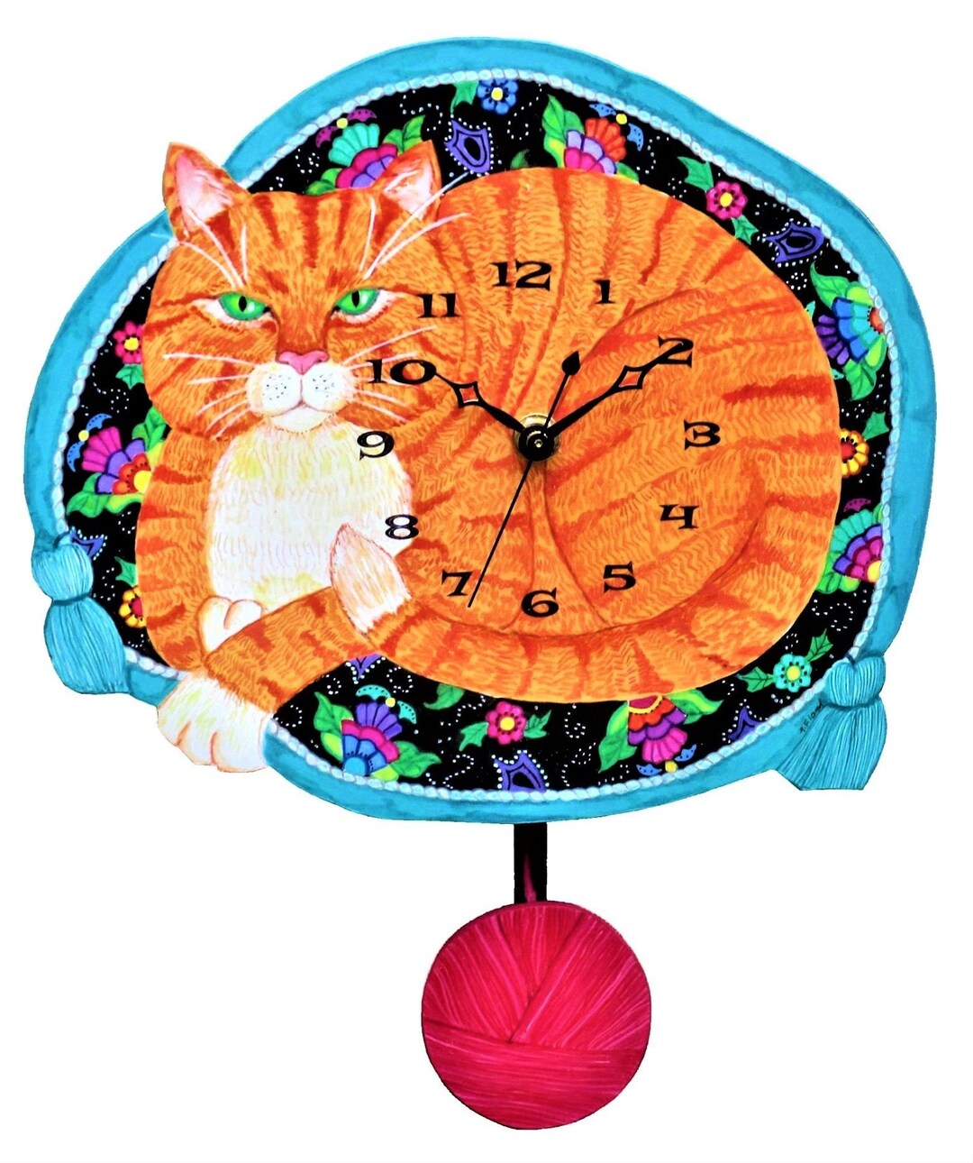 Orange Tabby Cat Clock on a Paisley Cushion Pendulum Cat Clock With