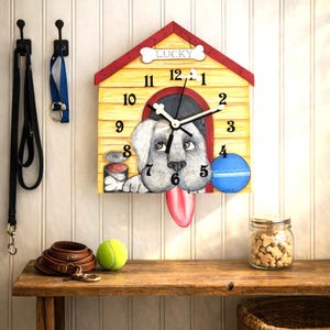 Whimsical Dog House Pendulum Wall Clock: Wagging Tongue, with a Bone Second Hand