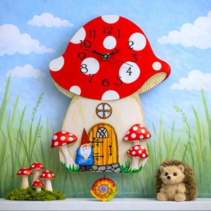 Red  mushroom House  woodland Mushroom Gnome cottage with snail pendulum clock shroom room