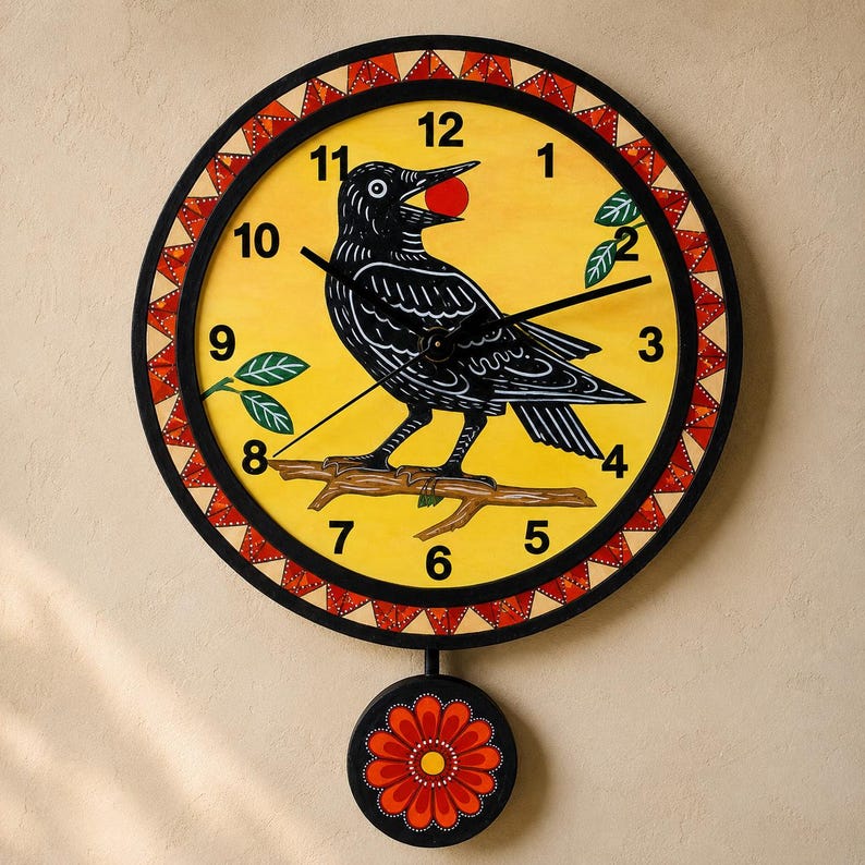 May include: A round wall clock with a yellow face featuring a black crow perched on a branch holding a red berry. The clock has black numbers, black hands, and a decorative border of red and white triangles. A round pendulum with a red flower hangs below.