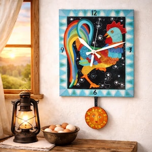 May include: A colorful rooster-themed wall clock with a pendulum featuring a smiling sun. The clock has a blue border and a black background with white stars. The rooster has a rainbow tail and a red comb.
