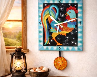 Folk Art Rooster Pendulum Clock – Hand Painted Farmhouse Wall Decor