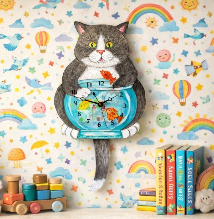 Whimiscal Tuxedo Fishing Cat Clock With Goldfish Bowl and Swinging