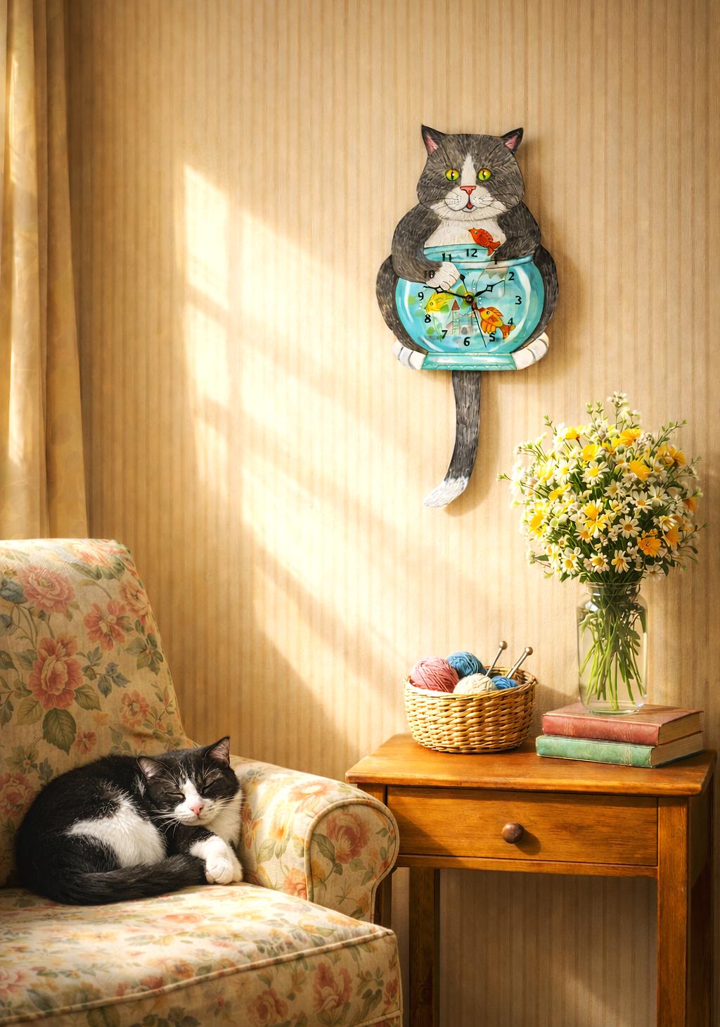 Whimiscal Tuxedo Fishing Cat Clock With Goldfish Bowl and Swinging