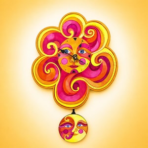 May include: A whimsical, hand-painted wall clock featuring a sun face with a flower-shaped design. The clock has a yellow, orange, and pink color scheme, with a pendulum depicting a smiling moon face. The clock hands are black.