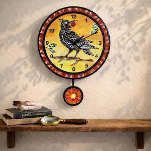 Black Crow Raven clock original folk art with pendulum -fall wall decor -autumn colors-halloween-avian-bird