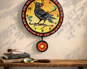 Black Crow Raven clock original folk art with pendulum -fall wall decor -autumn colors-halloween-avian-bird
