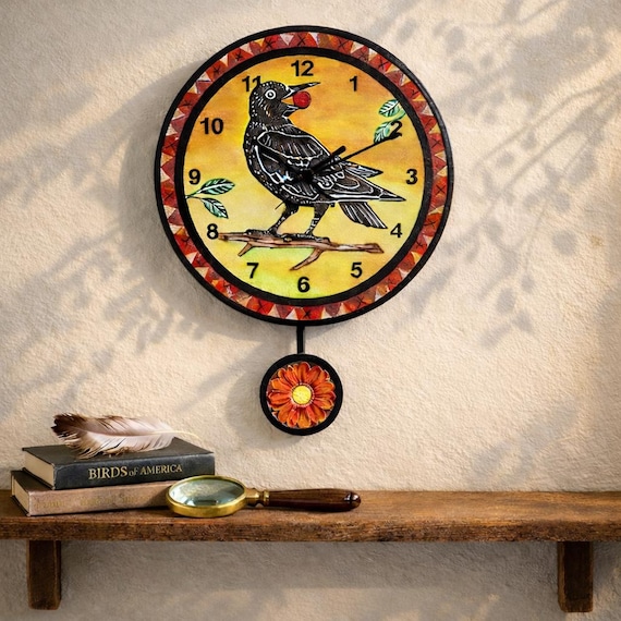 Black Crow Raven clock original folk art with pendulum -fall wall decor -autumn colors-halloween-avian-bird