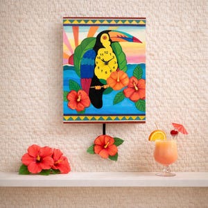 Tropical Tucon Tiki bar clock with Hibuscus pendulum