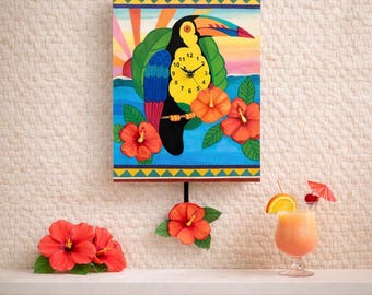 Tropical Tucon Tiki bar clock with Hibuscus pendulum
