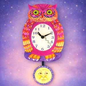 May include: A whimsical owl-shaped wall clock with a pink body and colorful feather details. The clock face is white with black hands and blue numerals. A smiling moon pendulum hangs below, set against a starry purple background.