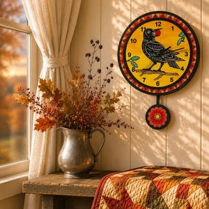 May include: A round wall clock featuring a black crow illustration on a yellow background, with a black frame and a pendulum displaying a red flower design. The clock face includes black numbers from one to twelve and black clock hands.