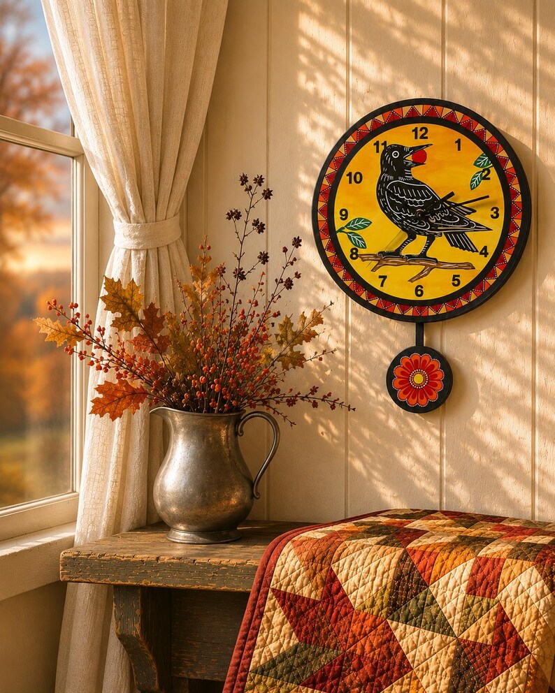 May include: A round wall clock featuring a black crow illustration on a yellow background, with a black frame and a pendulum displaying a red flower design. The clock face includes black numbers from one to twelve and black clock hands.