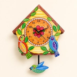 Whimsical yellow Bird House wall Clock with bluebird pendulum