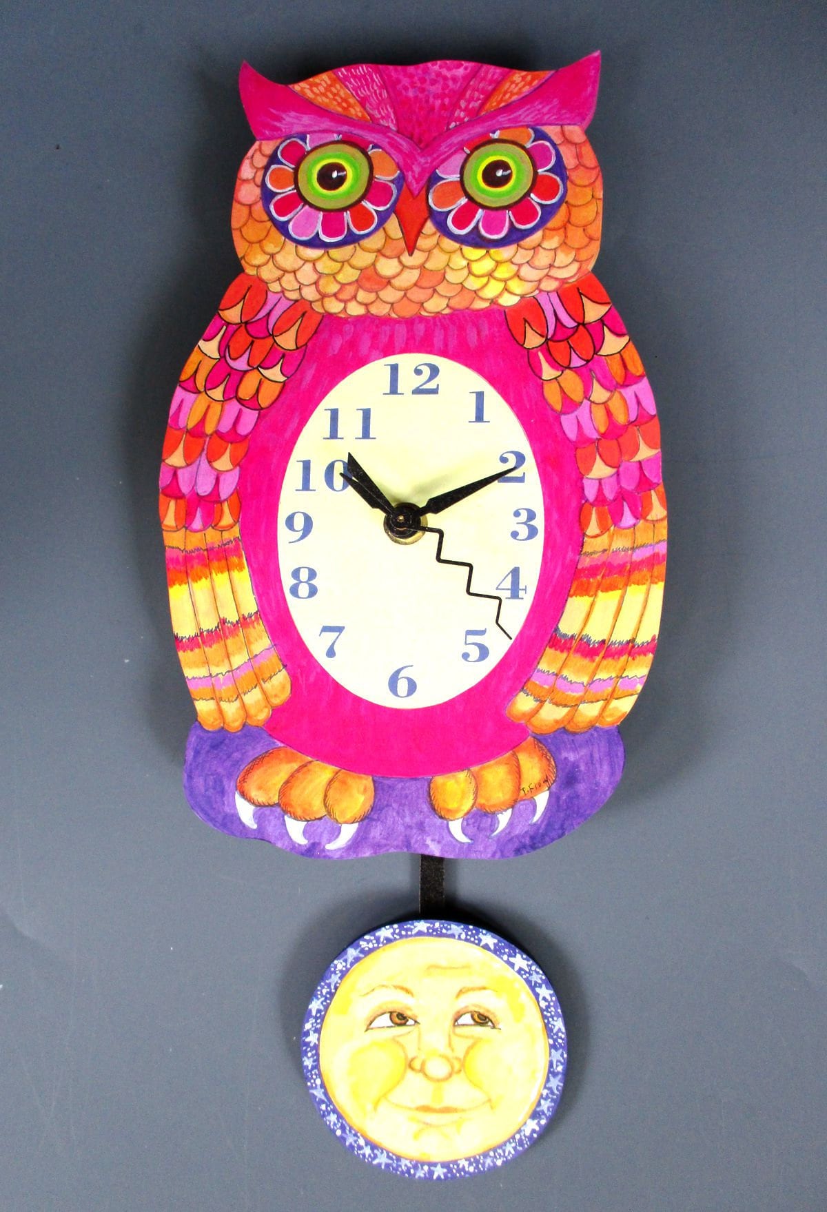 Magenta  and  Orange Owl Pendulum  Clock with yellow full  Moon face pendulum