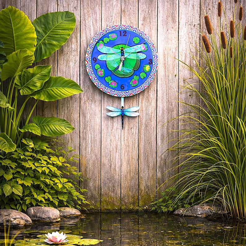 Dragonfly Clock Roses Dragonfly Pendulum Clock: Hand-painted Water Lilies, Nature Nursery ...