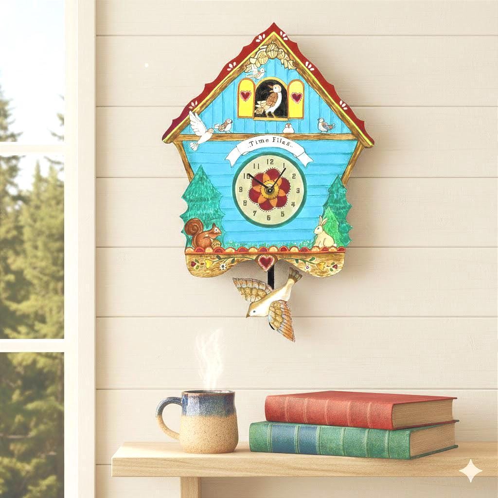 Woodland Cuckoo Style Pendulum Wall Clock | Folk Art Cottage Wall