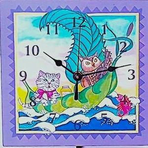 Owl and Pussycat Pendulum Clock: Nursery Rhyme Whimsical Art