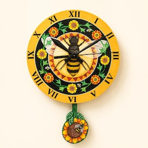 Bee Pendulum Wall Clock • Honey Bee Floral Folk Art style with Roman Numerals