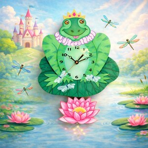 May include: A whimsical wall clock shaped like a green frog wearing a crown and a ruffled collar. The clock face is light green with black numbers and hands. Decorative dragonflies and pink lotus flowers surround the clock, with a castle in the background.