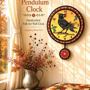 May include: A round wall clock featuring a black crow illustration on a yellow background with black numbers, a red and black geometric border, and a circular pendulum decorated with a red flower. Text reads Autumn Crow Pendulum Clock.