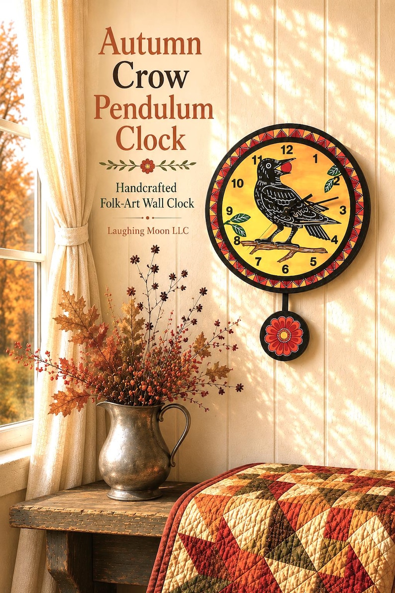 May include: A round wall clock featuring a black crow illustration on a yellow background with black numbers, a red and black geometric border, and a circular pendulum decorated with a red flower. Text reads Autumn Crow Pendulum Clock.