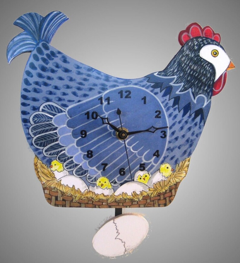 Blue Hen Chicken Whimiscal Pendulum Clock mother Hen on Nest Etsy