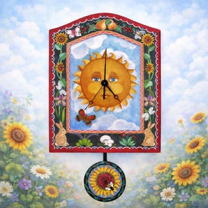 May include: A whimsical wall clock featuring a smiling sun with blue eyes, a butterfly, and a sunflower pendulum. The clock is framed with a red border adorned with flowers, butterflies, and rabbits. The background depicts a sunny sky and a field of sunflowers.