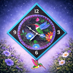 May include: A square wall clock with a turquoise border and a black face. The clock features a colorful hummingbird design with flowers and the numbers 12, 3, 6, and 9. The background is a starry night scene.