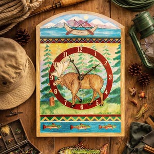 Woodlands Moose Clock with Trout Pendulum: Lake Cabin Decor