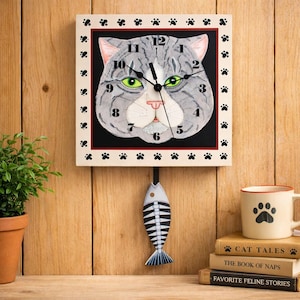 Cat Clock with fish skeleton pendulum Grey and white Tabby Cat