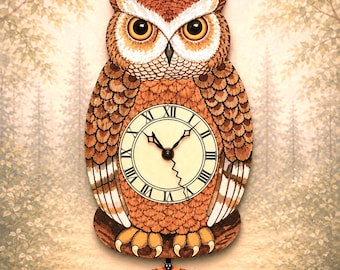 Handmade Brown Owl Pendulum Clock: Woodland Nursery Decor