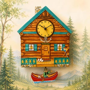 May include: A decorative wooden cuckoo clock shaped like a log cabin. The clock face is yellow with black hands and numbers. The cabin has a teal roof and shutters, with a small porch and a canoe with a person and a dog below.