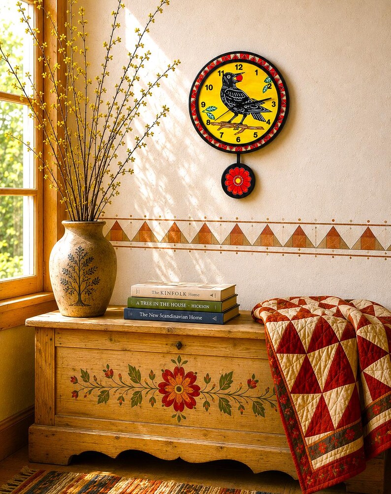 May include: A round wall clock with a yellow face featuring a black bird holding a red berry, surrounded by a red and white patterned border. Below the clock hangs a circular pendulum with a red flower design on a black background.