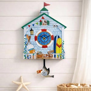 Beach House Clock: Coastal Cottage Decor with a Pelican Pendulum