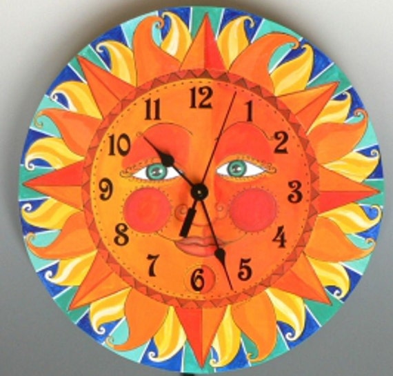 Burnt Orange And Yellow Sun Face Hand Made Clock With Swinging Half Moon Pendulum