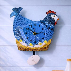 Blue Hen Chicken Pendulum Clock: Whimsical Kitchen Farmhouse Decor