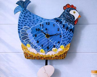 Blue Hen Pendulum Clock | Folk Art Farmhouse Kitchen Decor